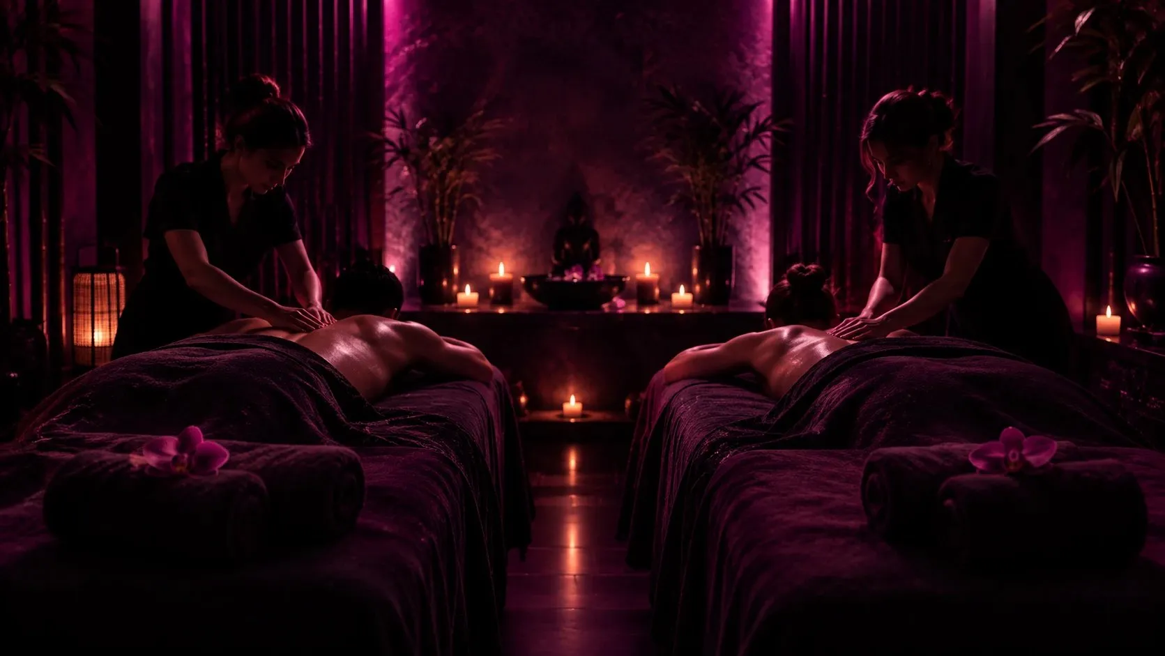 Dos masajistas dando un masaje a una pareja en camillas, con velas y luz morada